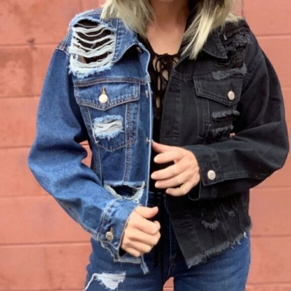 Uniq by Litz Luxe Blue Jean Jacket DENIM  BLACK Distressed Jacket S - Picture 1 of 15